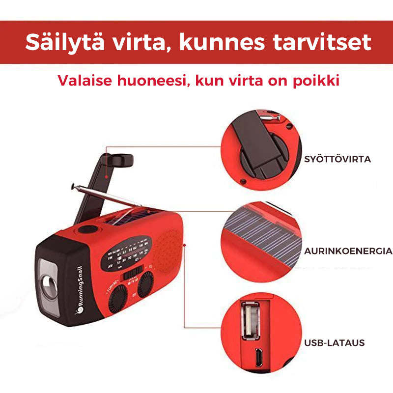 Aurinkoenergialla toimiva hätäradio LED taskulampulla