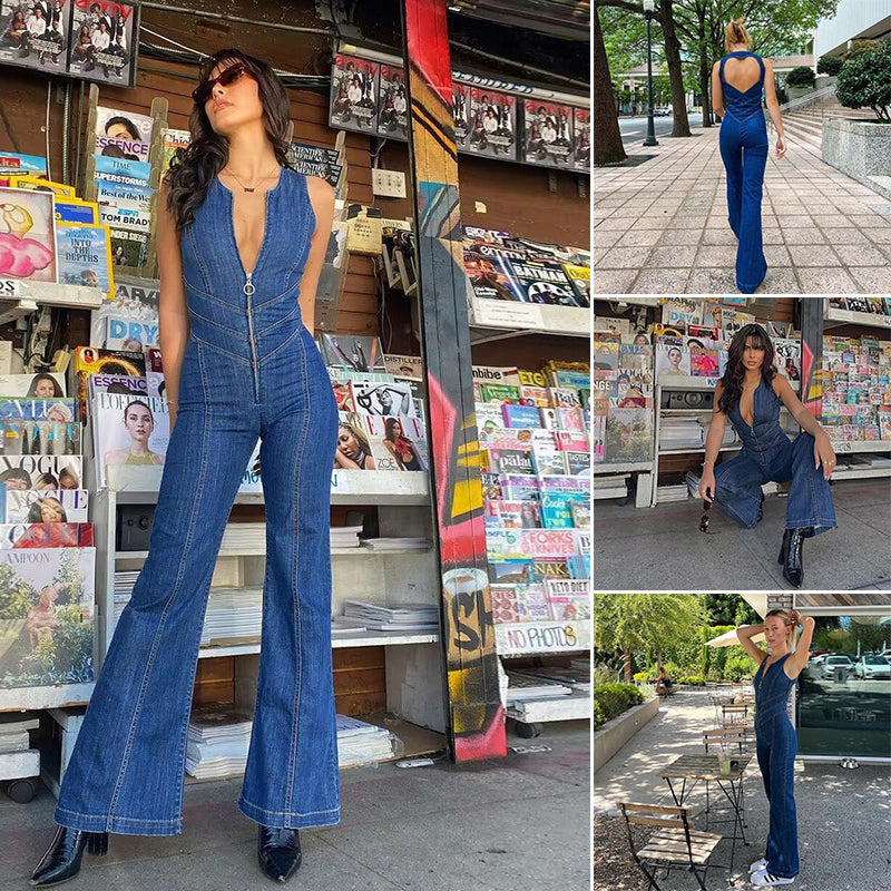 Selkätön Heart Cutout Denim Jumpsuit naisille